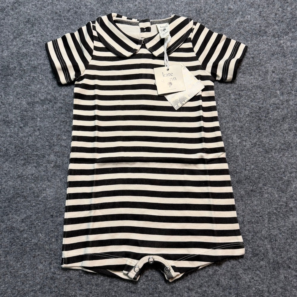 KATE QUINN Black Stripe Peter Pan Shortie Organic Cotton Romper 12-18 Months